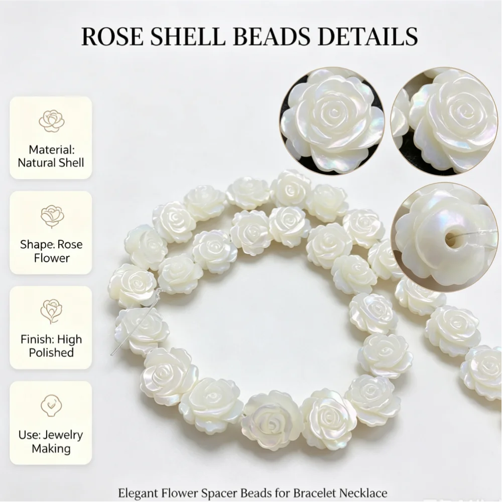 Natural White Mother Of Pearl Carved Rose Beads 8mm Through Hole Shell Flower DIY Jewelry Making