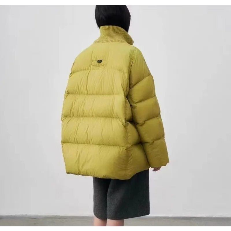 Jaket Musim Dingin Wanita dengan Tali Serut dan Kerah Bergaris Rajutan Patchwork Oversized Tebal Hangat Trendy