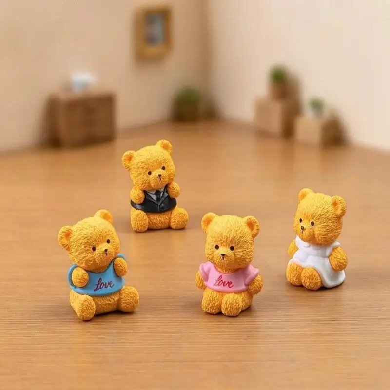 Simulation Sitting Couple Bear Figurines 4Pcs Cute Mini Creative DIY Decor for Craft Project Desktop Home Ornament Gift