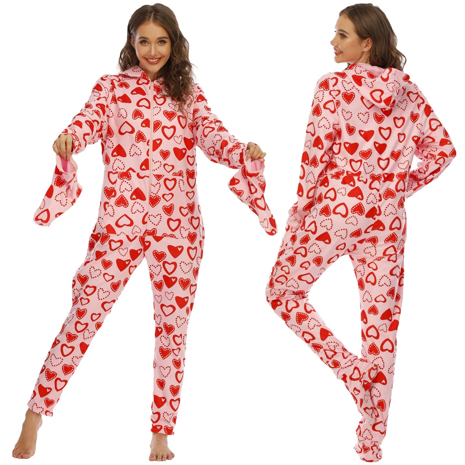 Heart Print Bodysuit Sexy Adult Pajamas Women Long Sleeve Hooded Fleece Home One Piece Jumpsuit Pink Sleepwear With Socks