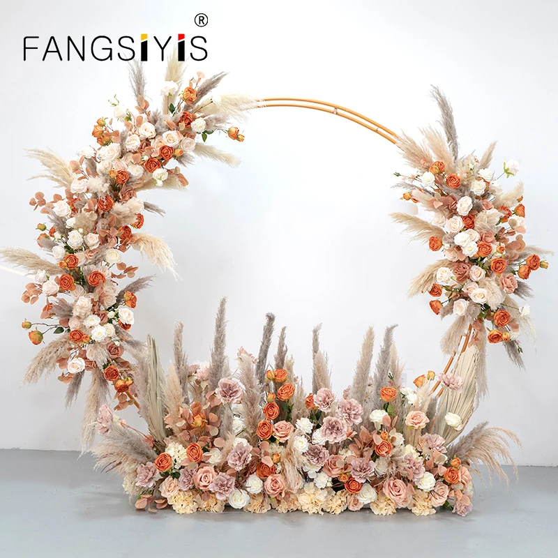 

Natural Dried Reed Pampas Grass Flower Arrangement Orange Rose Peony Hang Flower Row Wedding Arch Deco Party Floor Floral Layout