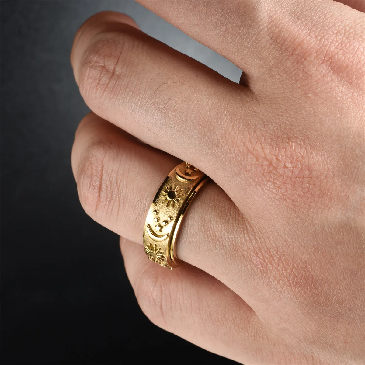 Unisex Bohemian Stainless Steel Star Moon Sun Rotating Ring Titanium Steel Anxiety Relief Charm Jewelry for Women