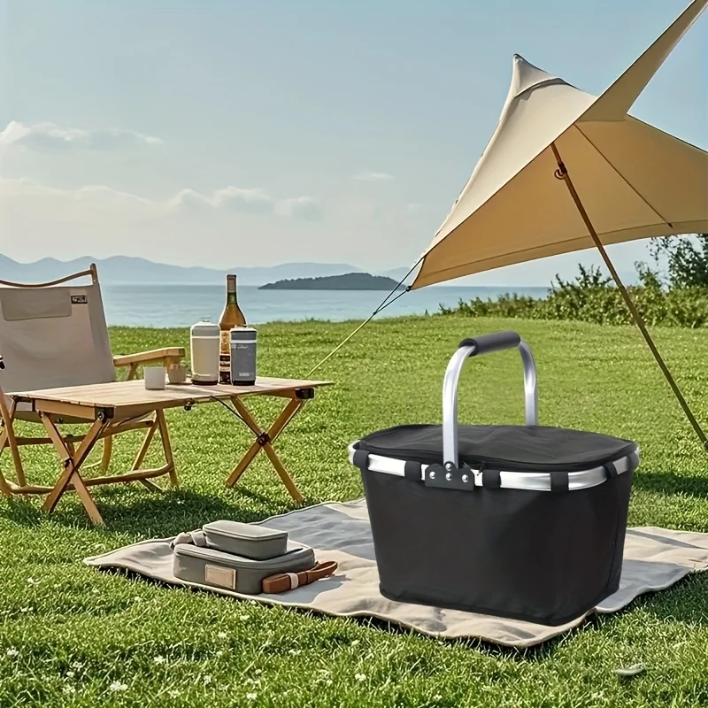 

1 piece large insulated storage basket with lid - Foldable eco-friendly shopping outdoor cooling basket, durable multi-functiona