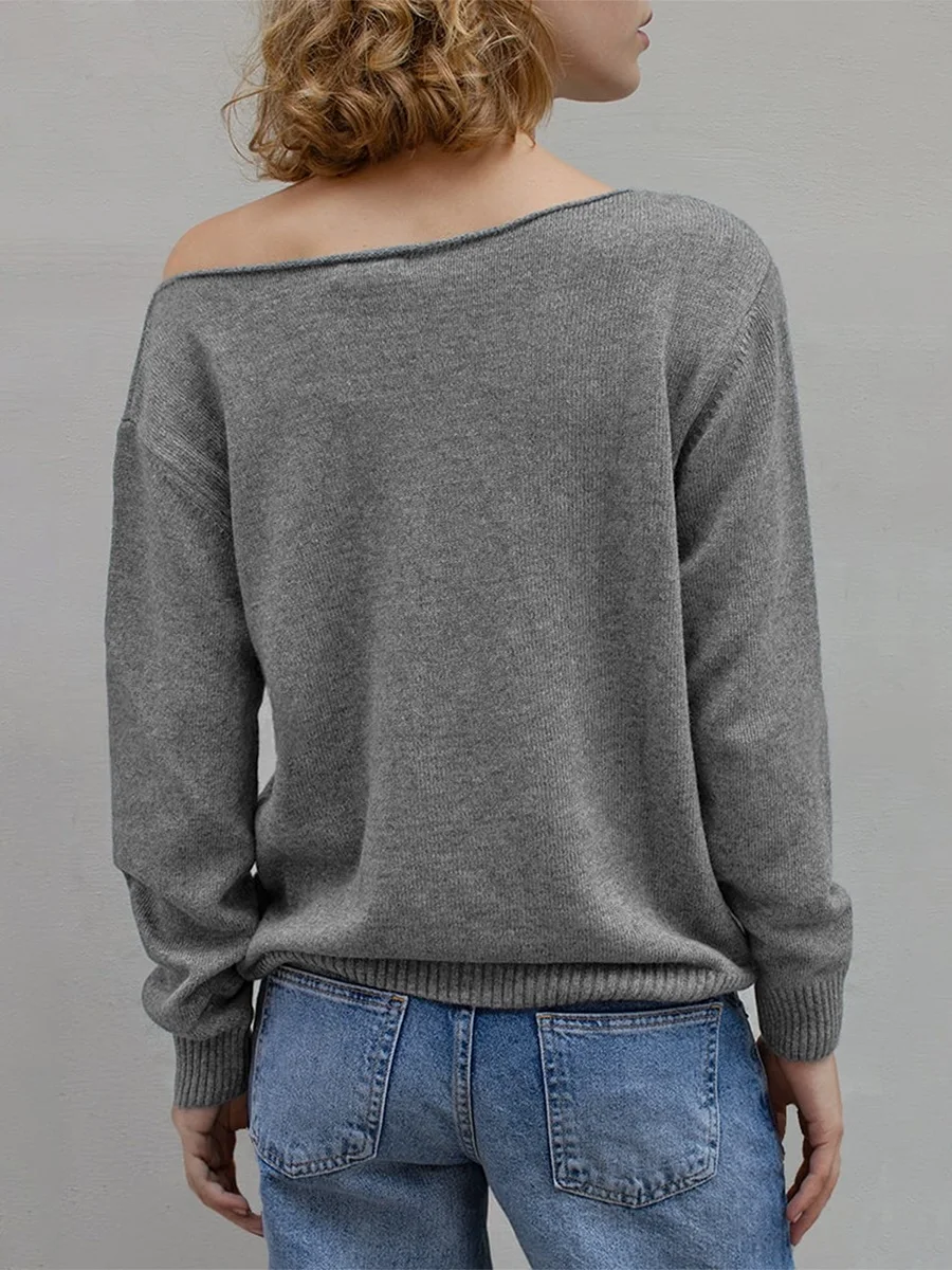 Maemukilabe Casual Solid Color Knitted Sweaters Slash Neck Off Shoulder Ribbed Long Sleeve Jumpers Women Fall Pullovers Knitwear