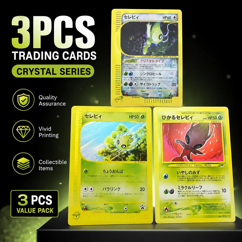 3PCS Anime PTCG Celebi Shiny Style Trading Card Collection Set Gold Foil Rare Holo Fan Display Cards Gift for Collectors Kids