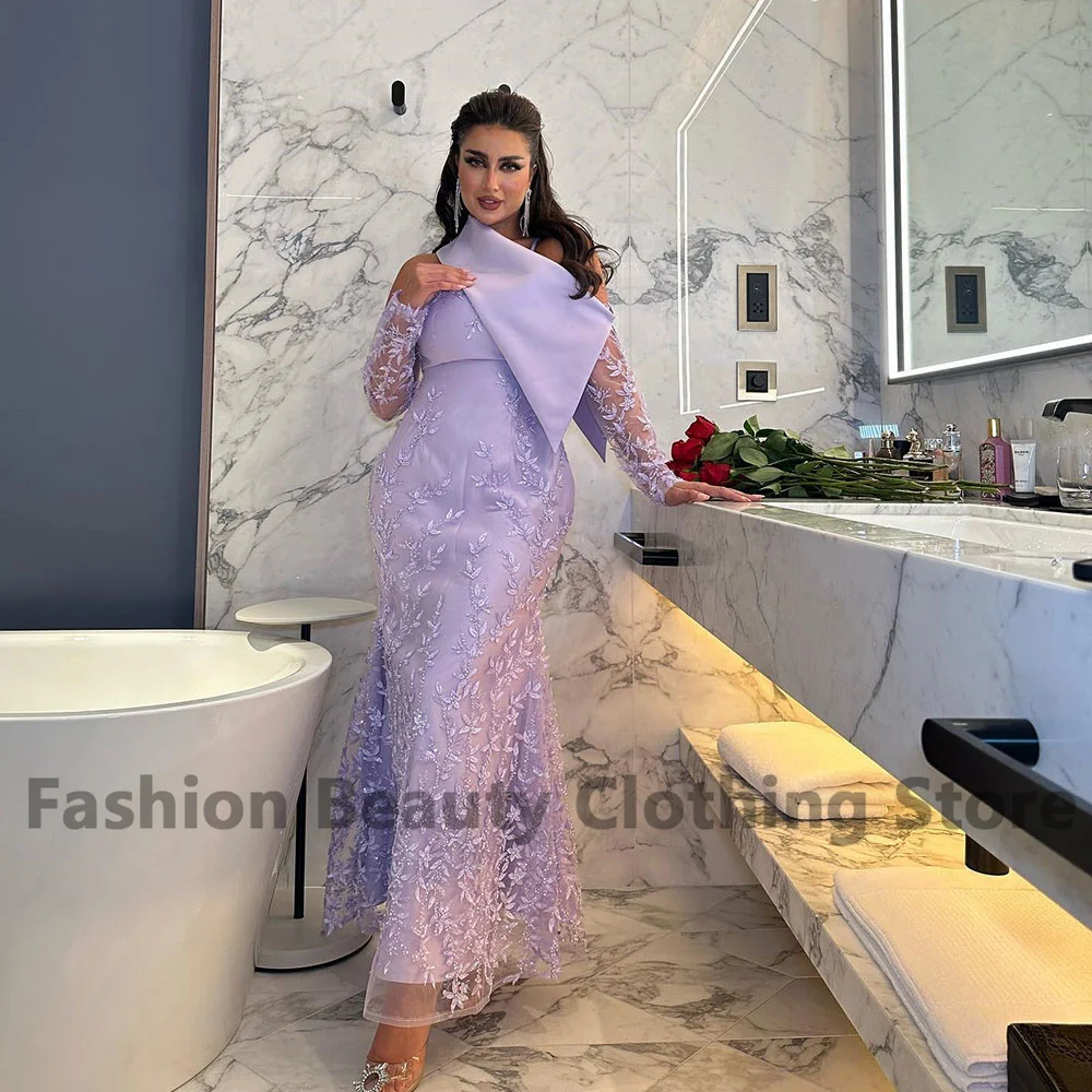 

One Shoulder Mermaid Party Gown Luxury Lace Long Sleeve 2023 Saudi Arabian Women's Formal Beautiful Evening Ankle-Length Dress