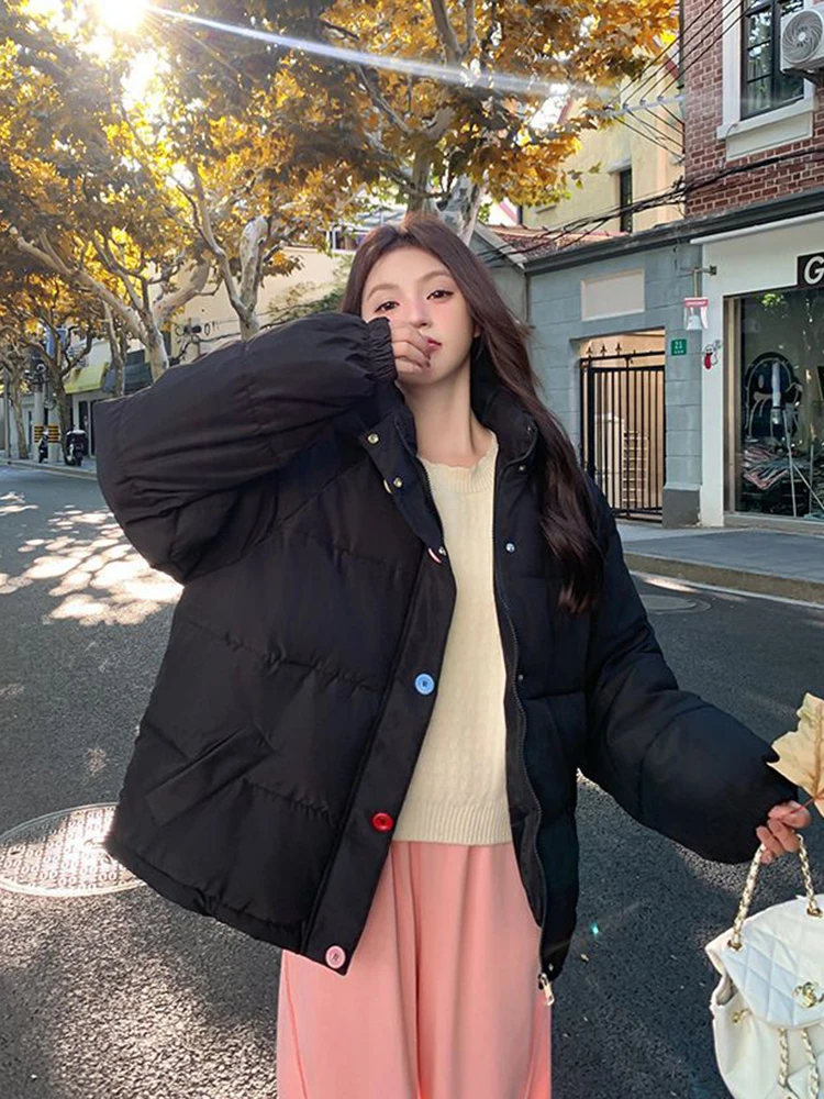 سترات شتوية نسائية أنيقة وردية فضفاضة بأكمام طويلة وأزرار ملونة معطف منتفخ حلو على الموضة الكورية سترة سميكة ودافئة على طراز بريبي #4