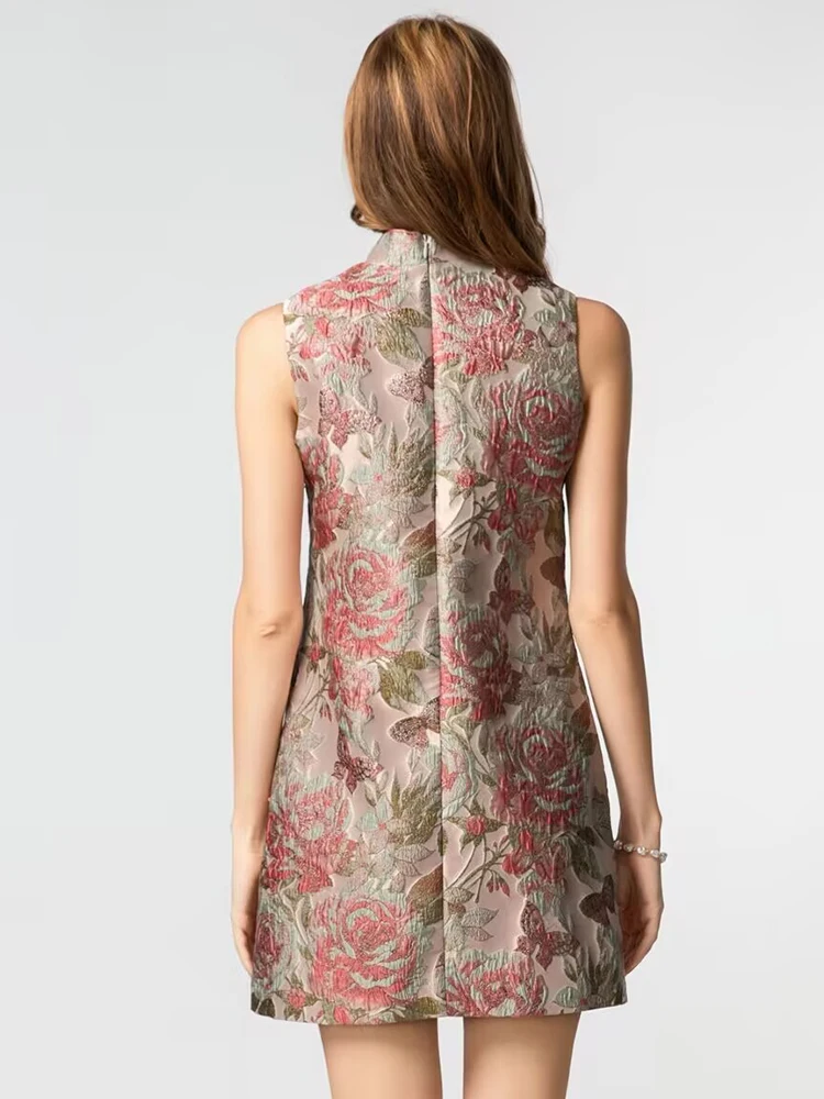 DSFACAIRIJ Mini abito vintage da donna con perline di cristallo, colletto alla coreana, senza maniche, jacquard, abito estivo alla moda