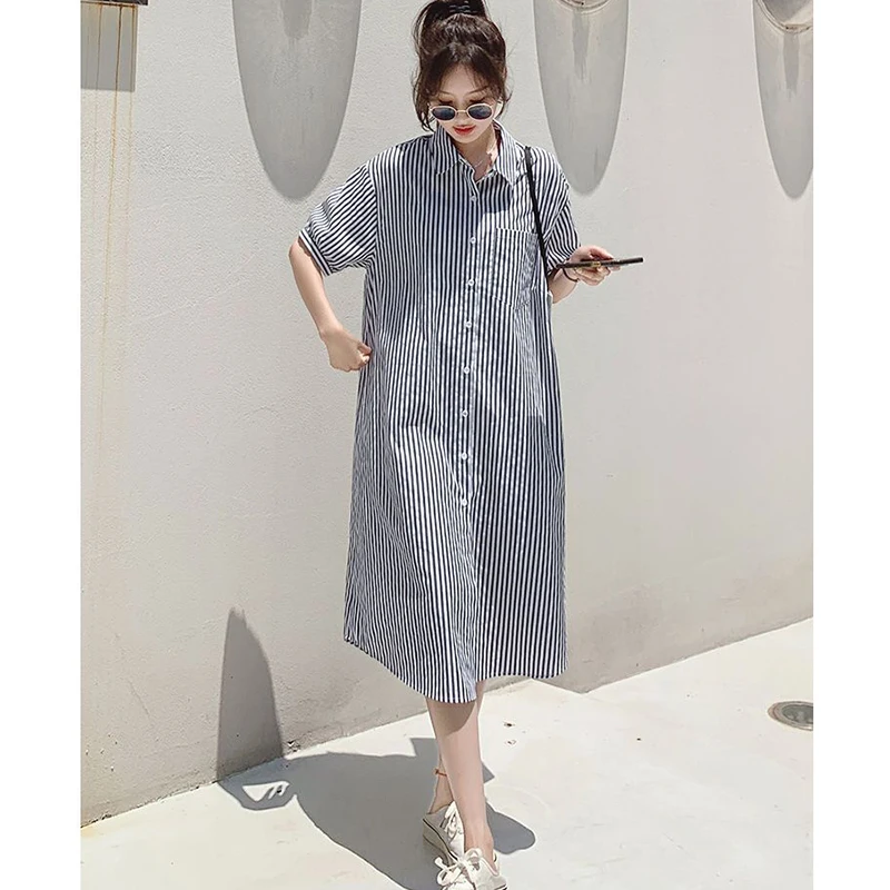 Fashion Lapel Button Pockets Loose Striped Casual Dresses Female Clothing 2024 Summer New Oversized Young Style Shirt Dress