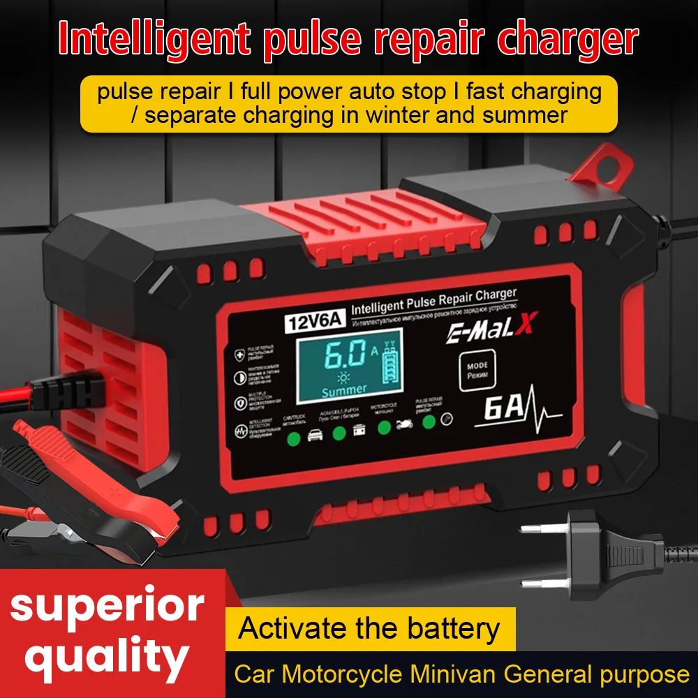 

Car Battery Charger Voltage Temperature Detection 12V 6A Intelligent Pulse Repair Digital LCD Display Multiple Protection