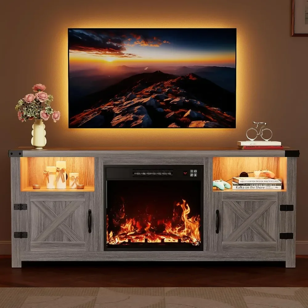 65 Inch LED Fireplace TV Stand with Mood Lighting, TV Cabinet with Open Shelf & Hidden Cable Routing, Entertainment Center