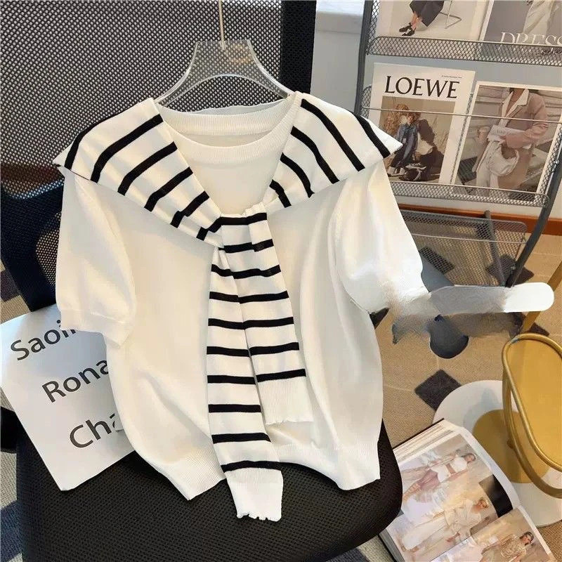 White Short-sleeved Summer New Style Knitted Sweater with Striped Shawl  Niche Two-piece Top Women\'s T-shirt