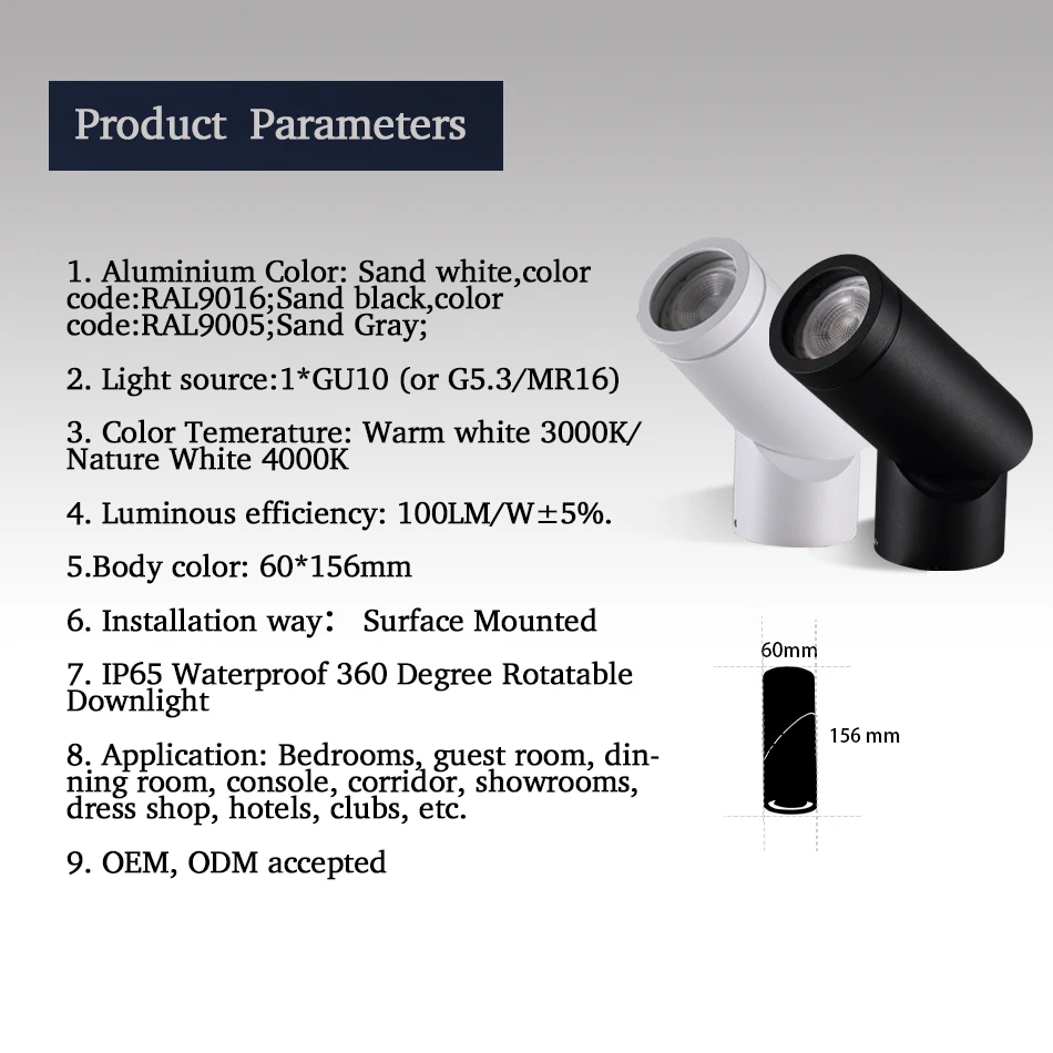 Luz descendente giratoria de 360 grados para techo, foco LED de 9W, 12W, GU10, AC85 ~ 265V, resistente al agua IP65