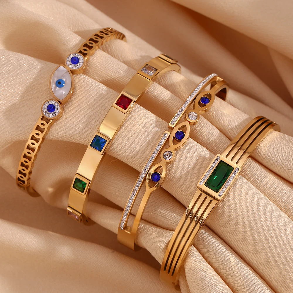 E.B.belle Rechteckiges Muschel-Dämonenauge, blaue Augen, hohle Linie, Strass-Zirkon, geschlossenes Armband, 18 Karat vergoldeter Edelstahl – Detail 4