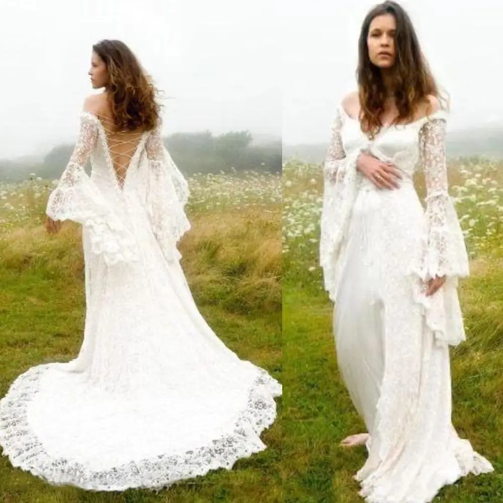 

Classy Celtic Medieval Wedding Dress Flare Long Sleeve Lace Corset Bridal Wear Customized Renaissance Gothic Bride Gown