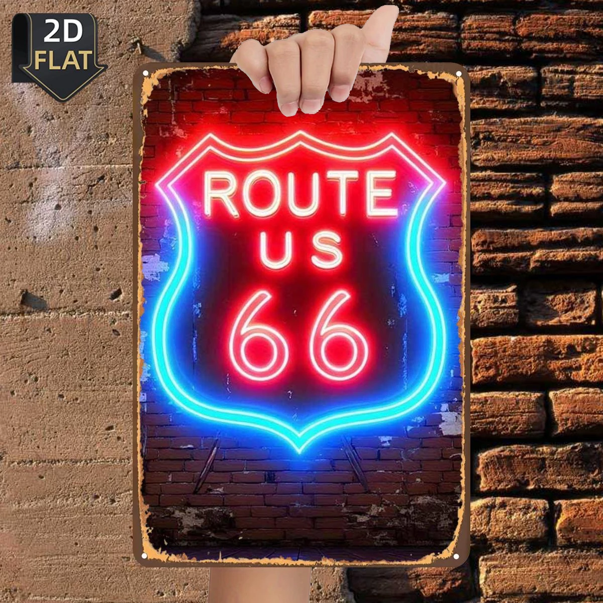 2D Flat, 2D Flat 1pc,Neon Sign of Route US 66 on a Brick Wall,metal Tin Sign,size(8