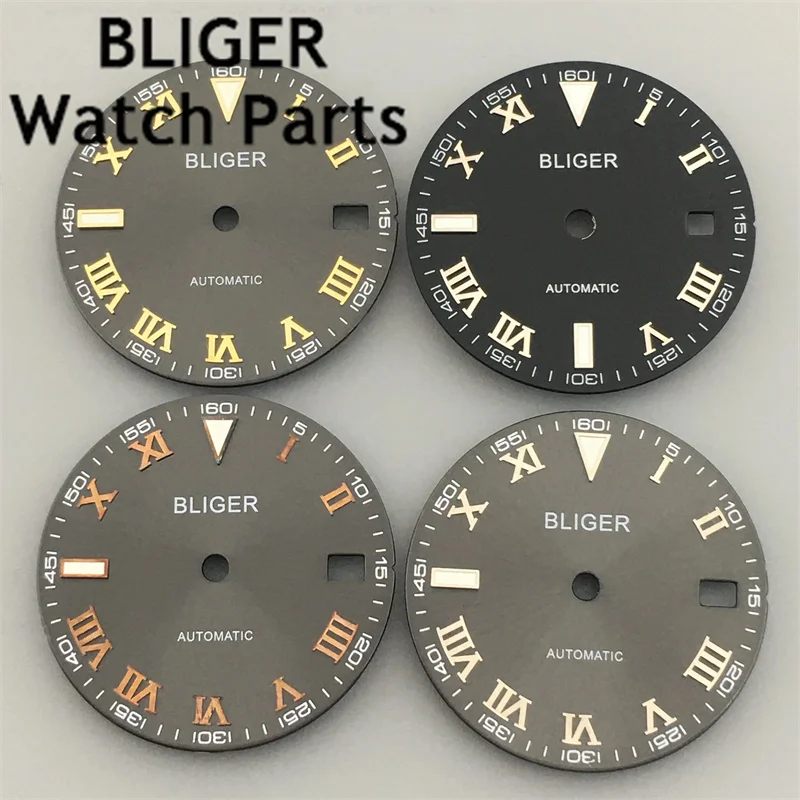 Bliger สาย NH35สะท้อนแสงสีดำขนาด29มม., หน้าปัดทองคำสีกุหลาบหน้าปัดสีเงิน