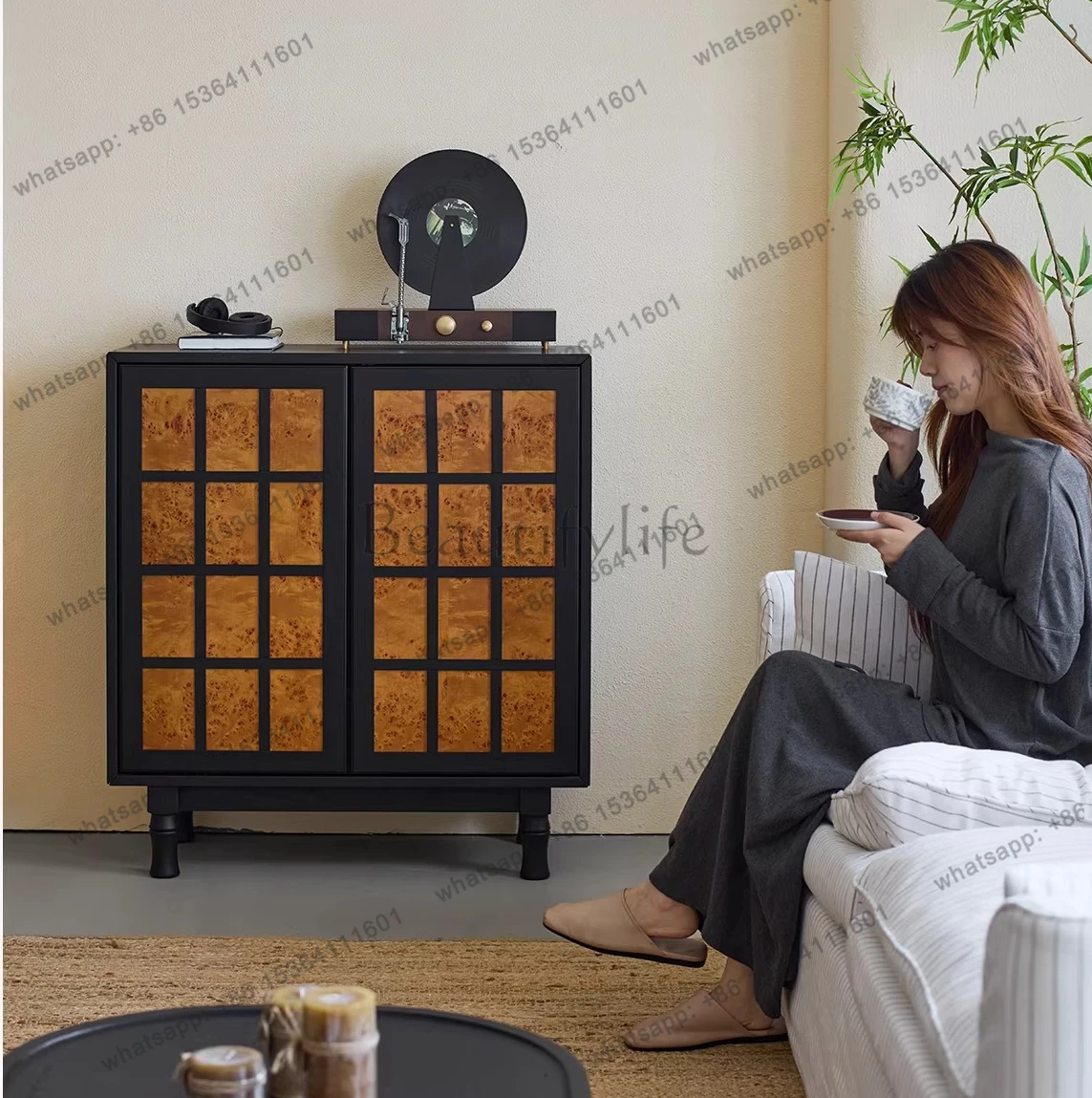 Retro living room against the wall Solid wood sofa Side cabinet Bedroom storage Black porch cabinet