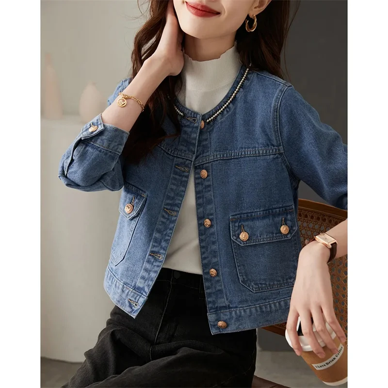 

Korean Women Fashion Patchwork Denim Coat Autumn Female Round Neck Outwear Spring Ladies Long Sleeves Casual Loose Cowboy Jacket