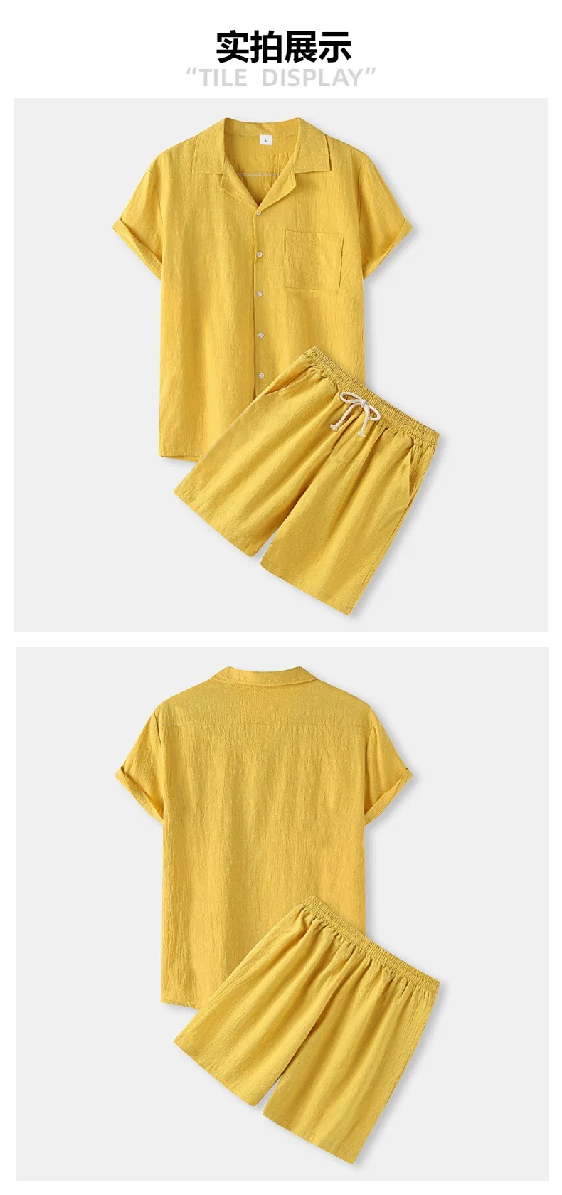 2026 Sommer Herren Einfarbiges Baumwoll-Leinen Zweiteiler-Set Revers Kurzarm-Hemd Passende Shorts Modisches Lockeres Freizeit-Outfit S bis – Detail 10