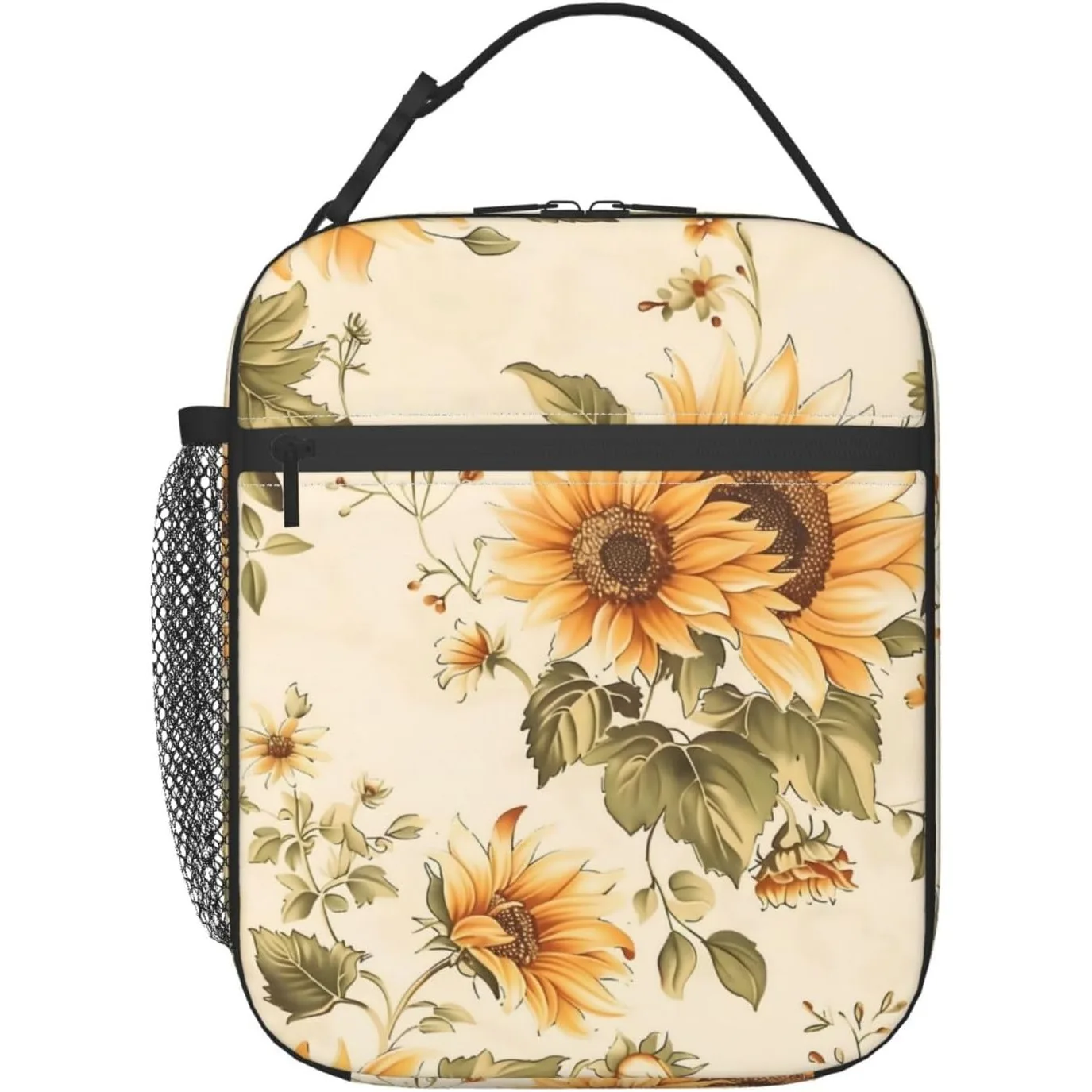 Elegant Sunflower Lunch Box for Women Girls Kids, Insulated Cooler Vintage Floral Lunch Bag