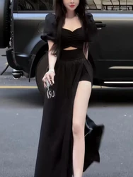 French Vintage Open Fork Long Dress Women Black Elegant Party Hollow Out Dress Female Korea Style Short Sleeve Dress Summer 2023