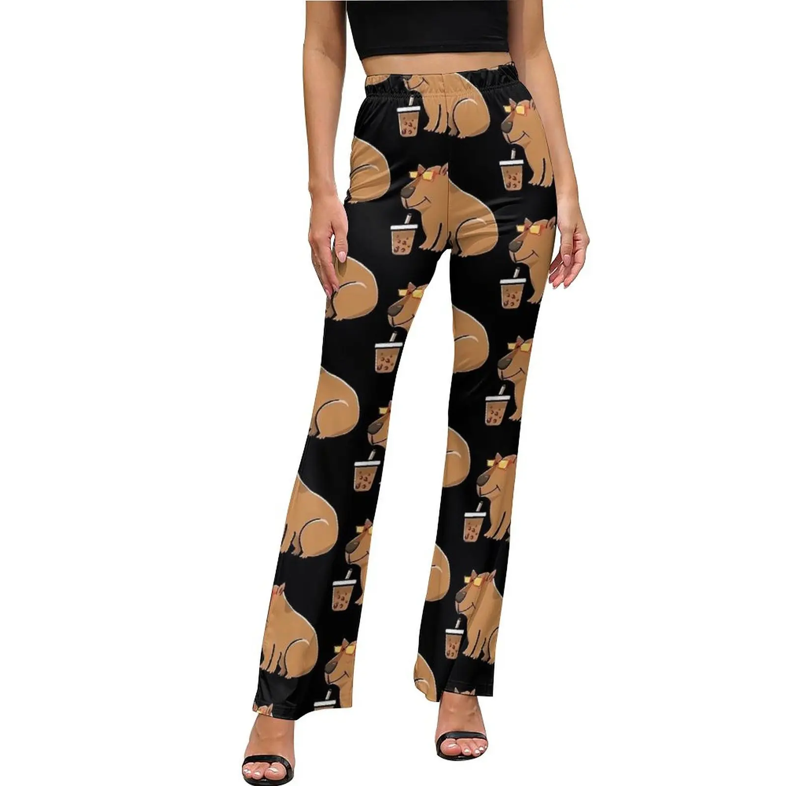 Capybara Boba-Pantalon évasé avec lunettes de soleil et Bubble Tea, taille haute, Harajuku, été, sexy, grande taille, fjku, mignon