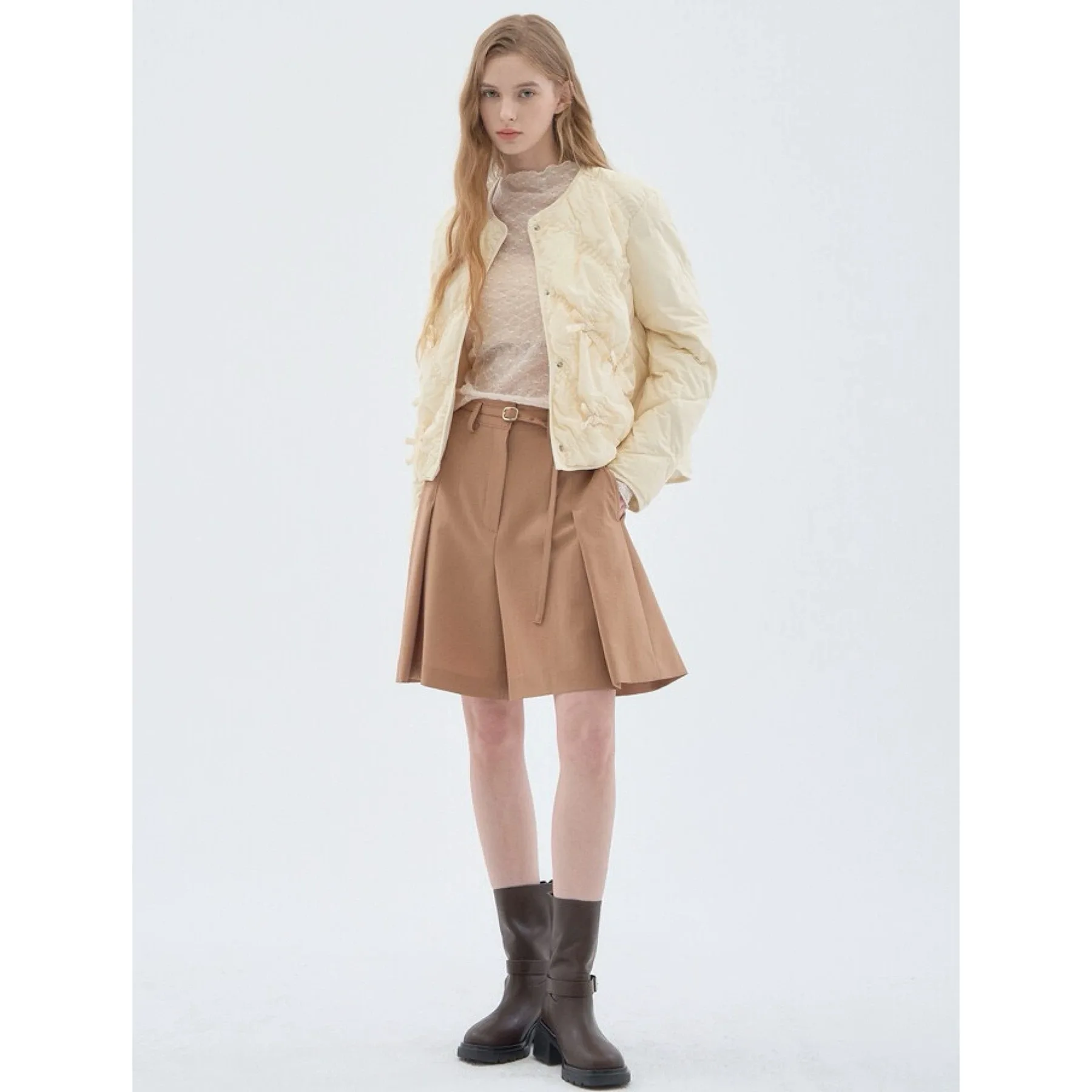 

Faionable round Ne Quilted Dotted Pattern Knot Decorated Loose Versatile Women's down Jaet Commute Sle Long...