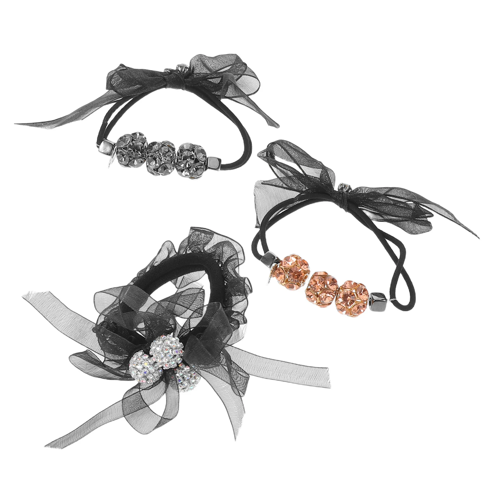 

3Pcs Sparkly Rhinestone Bow Hair Ties Organza Ponytail Holders Elegant Accessory for Women Special Occasions