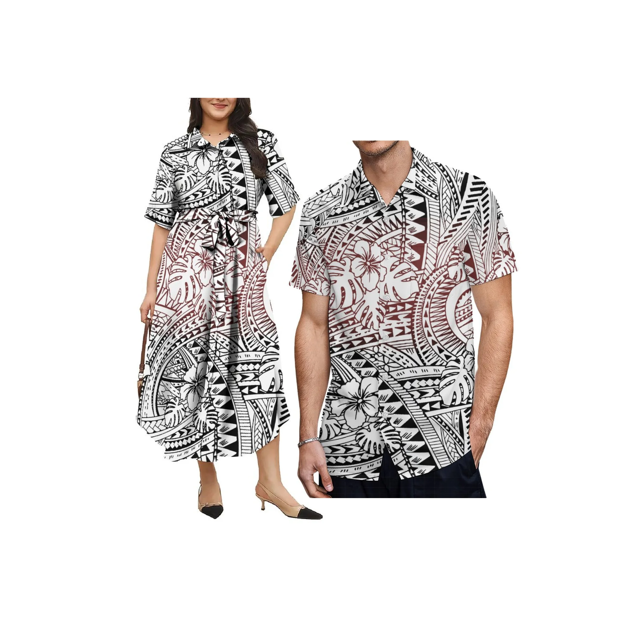 New Design Wholesale Custom Tonga Polynesian Tribal Print Ladies Samoan Island Casual Dress Women Summer Button Shirts Dress