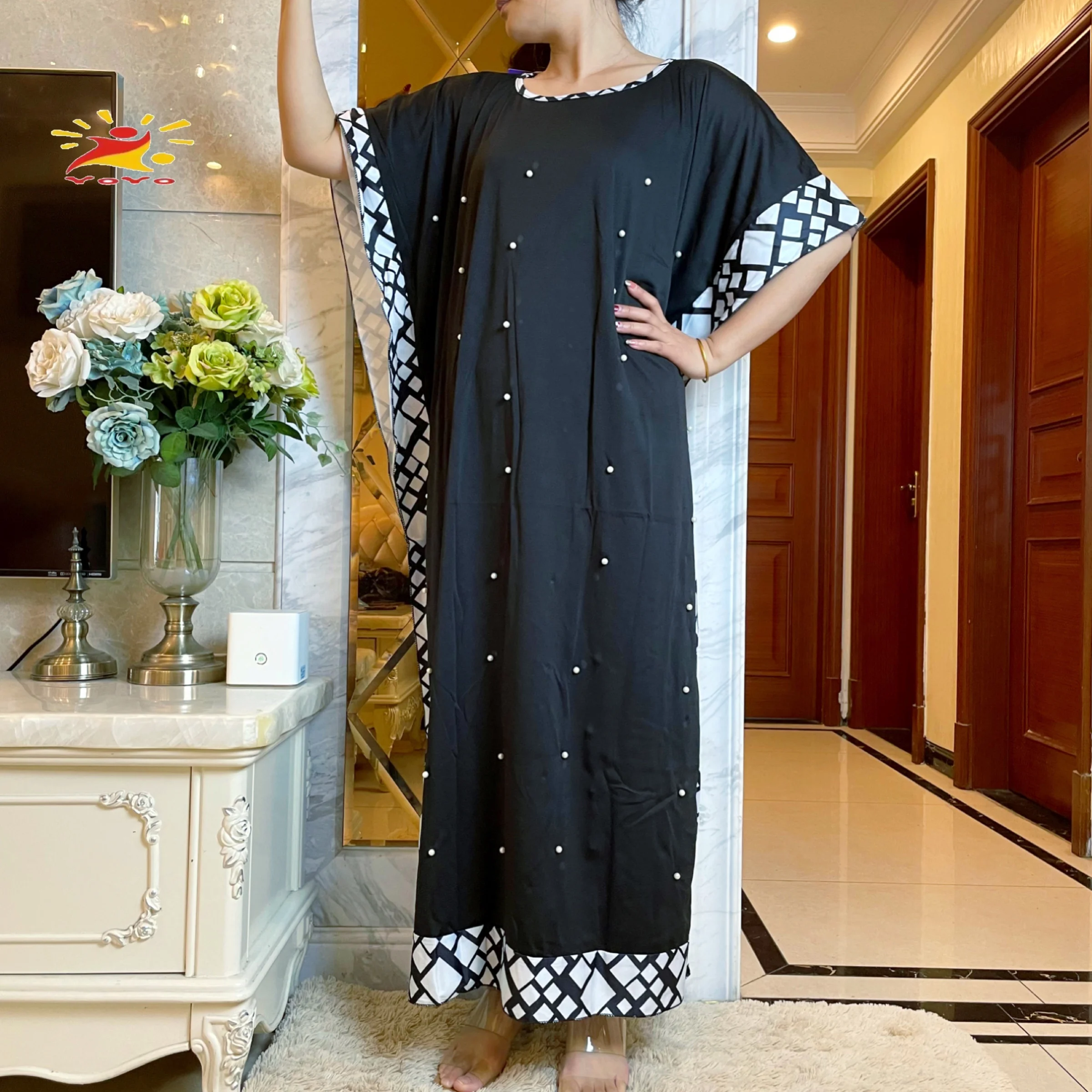 New African Muslim Women Monochrome Bubble Bead Short Sleeve Large Size Loose Lace Stitching Casual Dress High Elastic Fabric