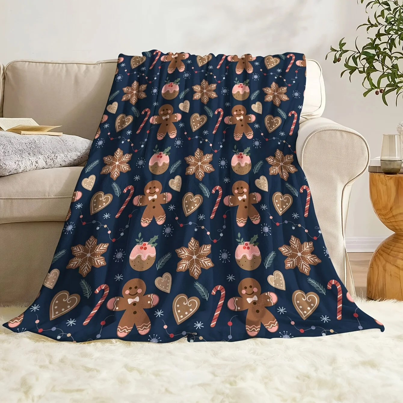 Christmas Multi Size Flannel Blanket Soft and Comfortable Gingerbread Man Pattern Suitable for Sofa, Bedroom, Camping