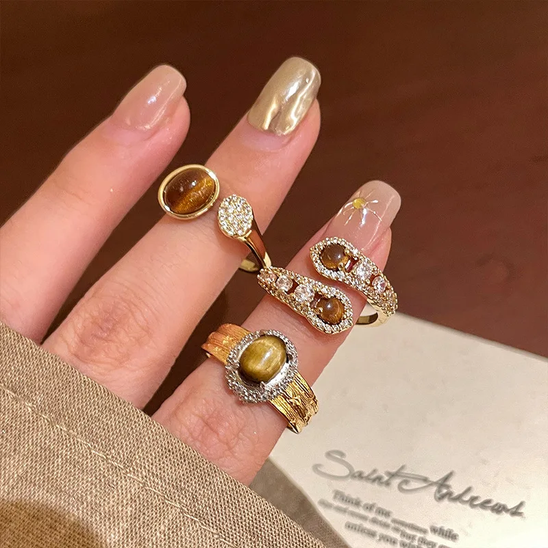 Gold Color Plated Zircon Tiger Eye Stone Opening Rings for Women Designer Luxury Index Middle Finger Ring Sets Jewelry Accessory