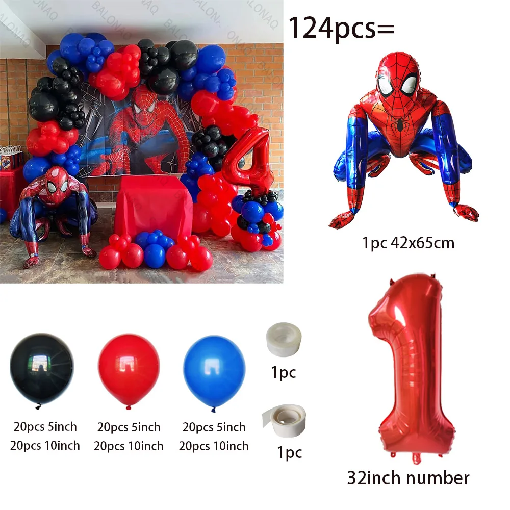 124pcs Super Hero Balloon Red Spiderman Foil Balloons Kids Birthday Party Decoration Baby Shower 3 4 5 6 7 Years Birthday Party