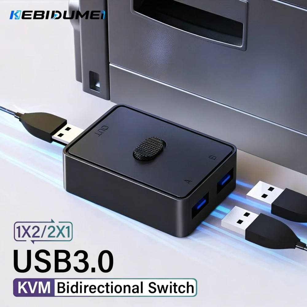 KEBIDUMEI USB 3.0 KVM Switch 1x2/2x1 USB Hub Bidirectional Shared Controller USB2.0 Extender for PC Keyboard Mouse Printer