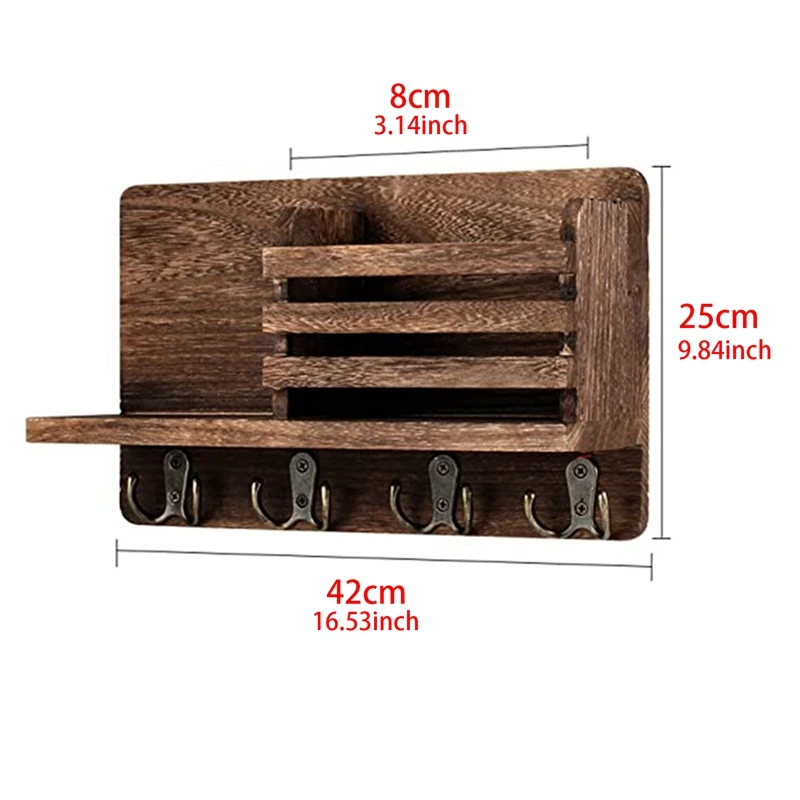 Entryway Mail Envelope Organizer With 4 Key Hooks Wall Mounted, Rustic Wood Mail Holder Shelf With Key Hooks For Wall