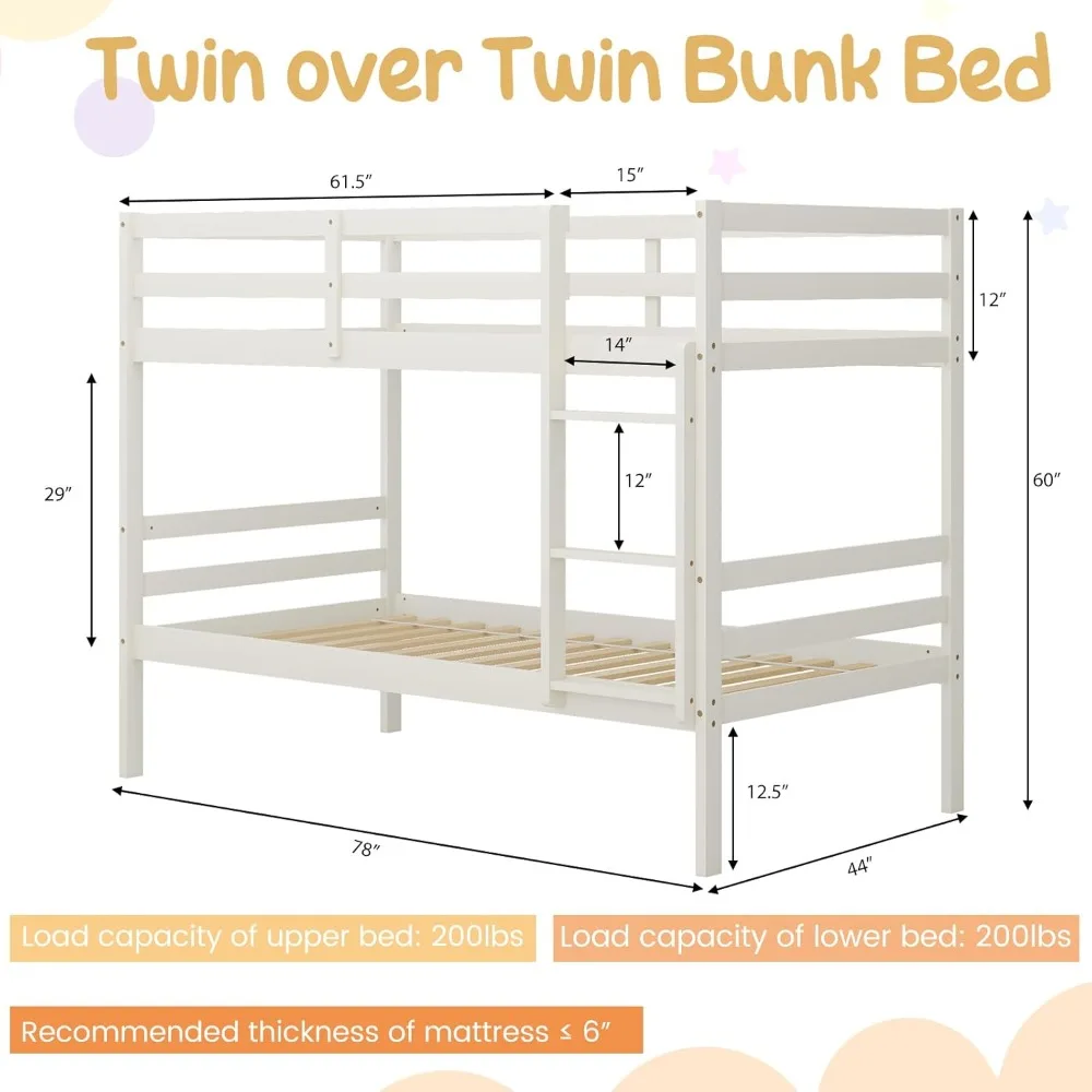 Bunk Bed Twin Over Twin White, Solid Wood Bunk Bed with Sturdy Ladder & 12 Inch Safety Guard Rails, Twin Size Wood Bed Frame