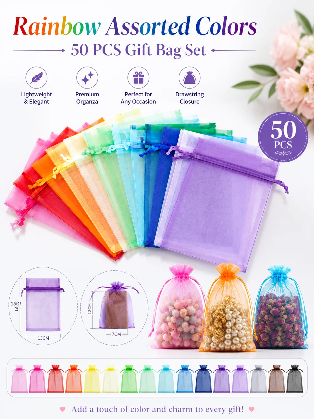 50Pcs Solid Color Organza Pouches, Drawstring Mesh Gift Bags, Candy Cosmetics Jewelry Packaging Net Bags
