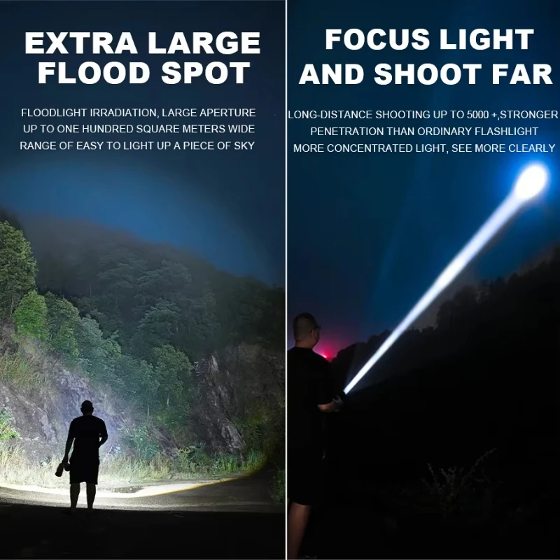 Super Bright LED Flashlight 300M Long Shot Type-C Rechargeable Torch Portable Spotlight 18650 Battery Lamp Power Bank Lantern