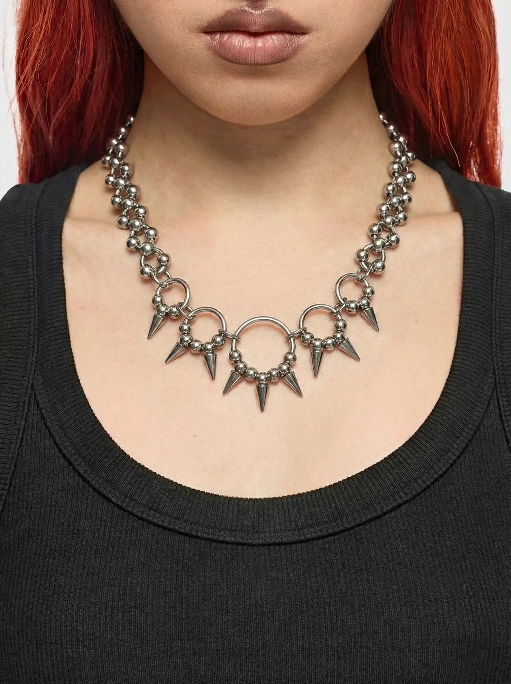 Punk Grunge Rock Rivet Ball Chain Cool Ring Spike Pendant Handmade Necklace Goth Charm Jewelry Hip Hop Accessories Gift