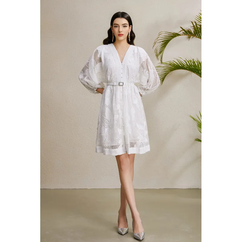 카롤리나2025 초가을 레이스 버블 슬리브 V넥 홀리데이 드 스트리트 슬레 미드하이 웨이스트 램 벨벳 겨울 롱 슬리브...