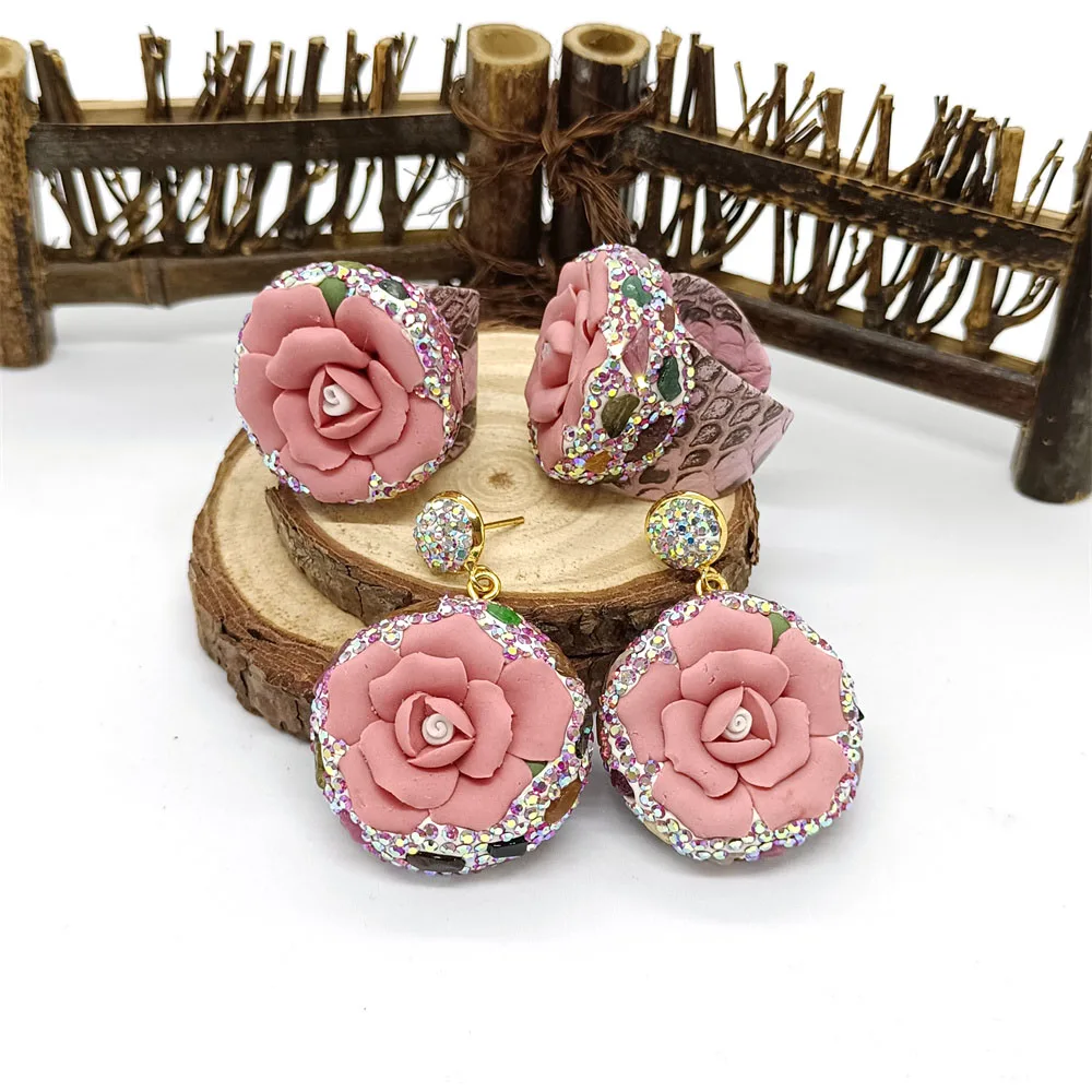 

New Ceramic Flower Women's Earring Ring Set Elegant, Simple, Luxury, Popular Ladies' Gifts Exquisite Rhinestone Clothing Jewelry