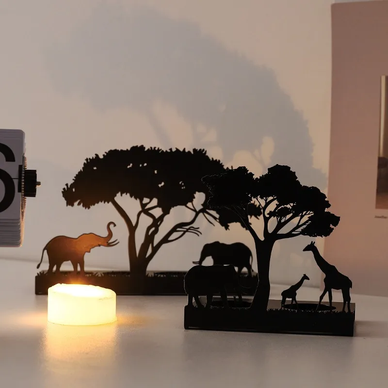 Creative Metal 3D Animal Silhouette Candle Holder Luxury Iron Deer Elephant Giraffe Candle Stand Home Office Room Decor Gift Set