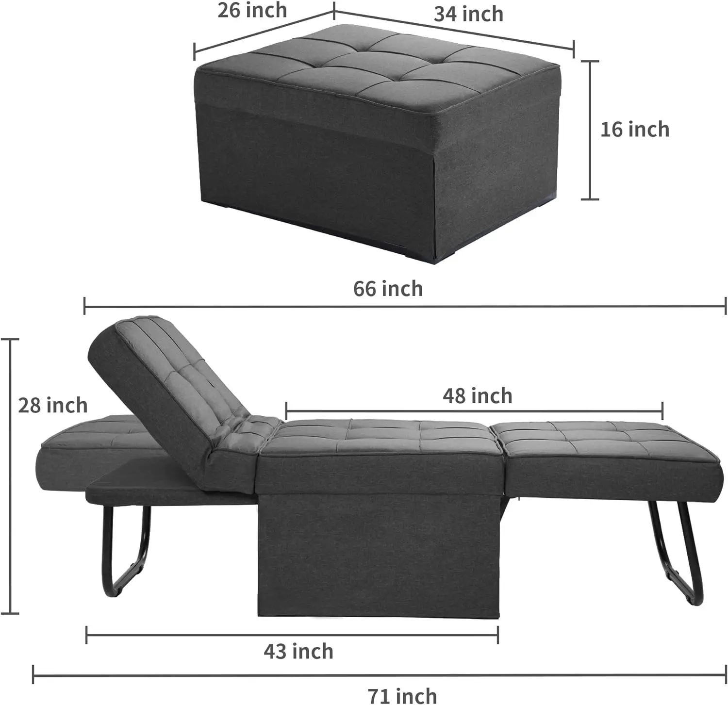 4 in 1 Multi-Function Folding Ottoman Breathable Linen Couch Bed with Adjustable Backrest Modern Convertible Chair