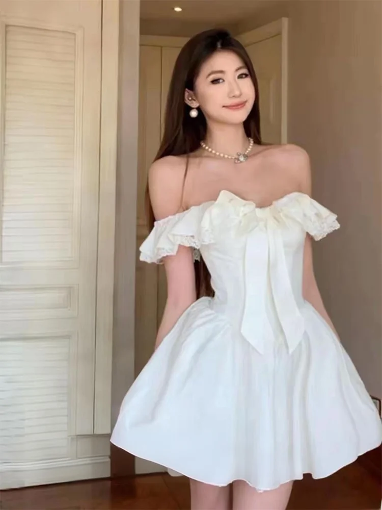 

Sexy Pure Desire Style Women's Dress SYJ Shuyijia Frock with Lace Trim A-Line High Waist Short Sleeve One-Shoulder Princess Gown