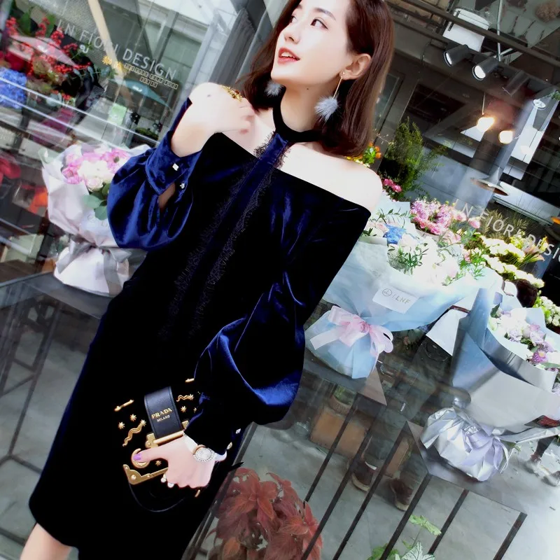 

Ele Velvet Dr Sexy oulder Bared mid Length a Line Korean Sle Commute Pure Color Floral Embroidery Lace Patchwork