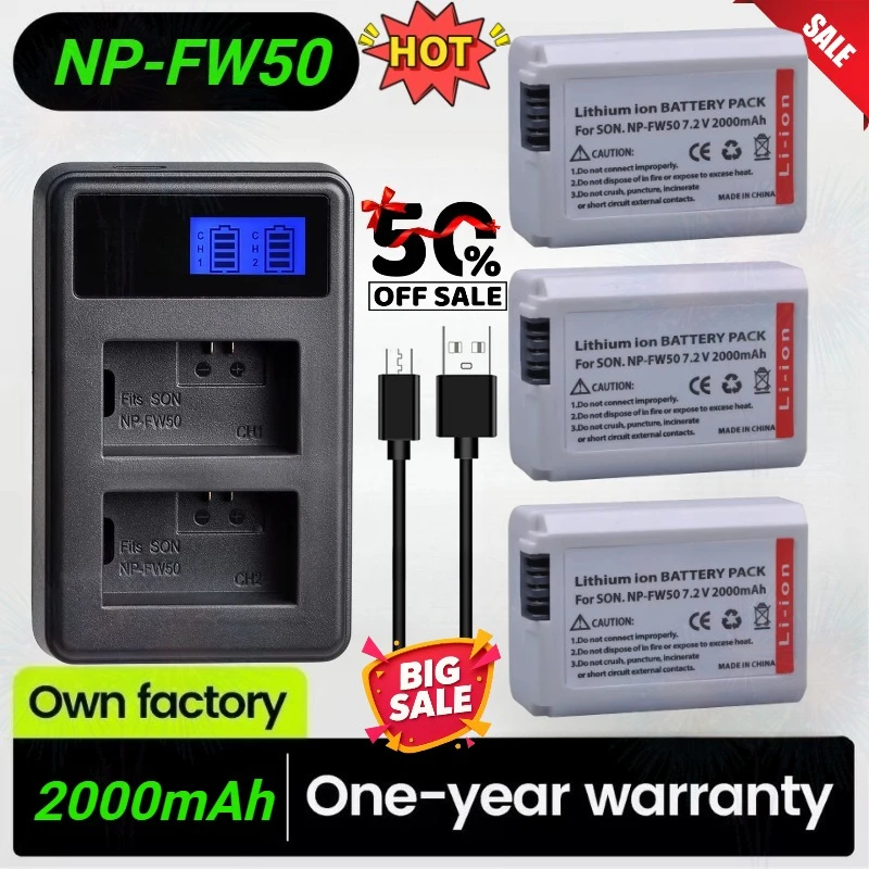 2000mAh NP-FW50 NPFW50 Battery for Sony ZV-E10 NEX 5T 5R 5TL 5N 5C 5CK A7R A7 F3 3N 3CA55 A7R II  A6400 A6300 A6000 A5100 A5000
