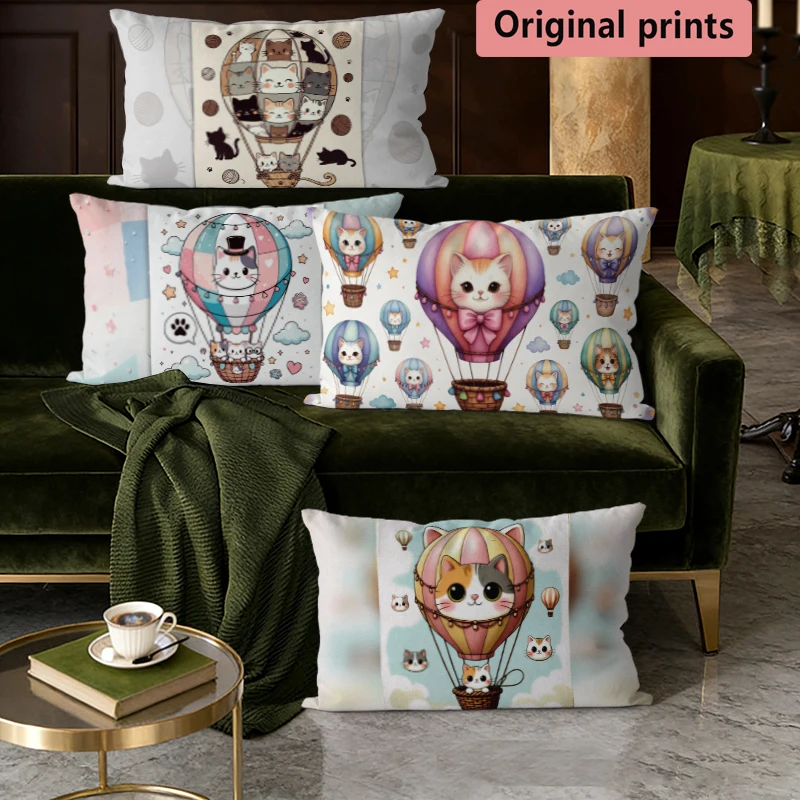Niedliche Katzen-Heißluftballon-Kissenbezüge, geeignet für Sofa, Schlafzimmer, Auto, Kissenbezug, rechteckiges Rückenkissen