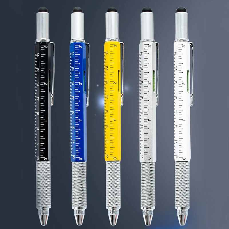 6 In 1 Metal Multi-function Ballpoint Pen Measure Technical Ruler Screwdriver Touch Screen Stylus Spirit Level Alloy Tool Pen