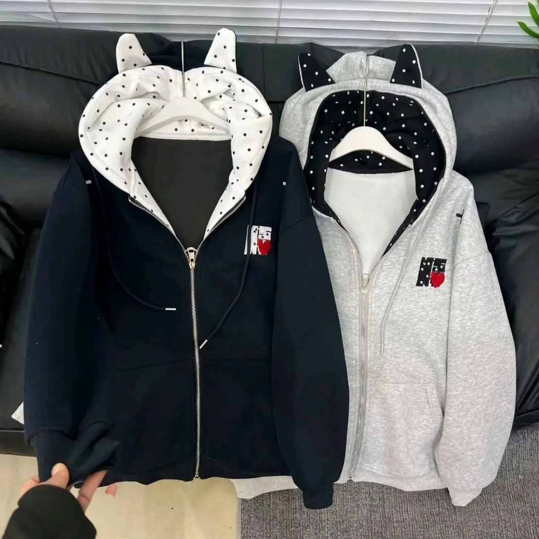 Cute Cat Ear Hoodie Women Zip Up Sweatshirt Polka Dot Color Block Loose Fit Oversized Hooded Cardigan Spring Casual Streetwear**